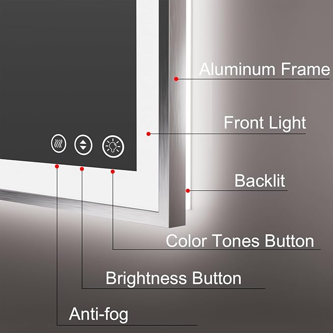 48x36 Silver LED Bathroom Mirror, Rectangle Brushed Nickel Lighted Mirror for Wall, Stepless Dimmable Led Vanity Mirror with Front-lit and Backlit, Tempered Glass, Anti-Fog, Memory