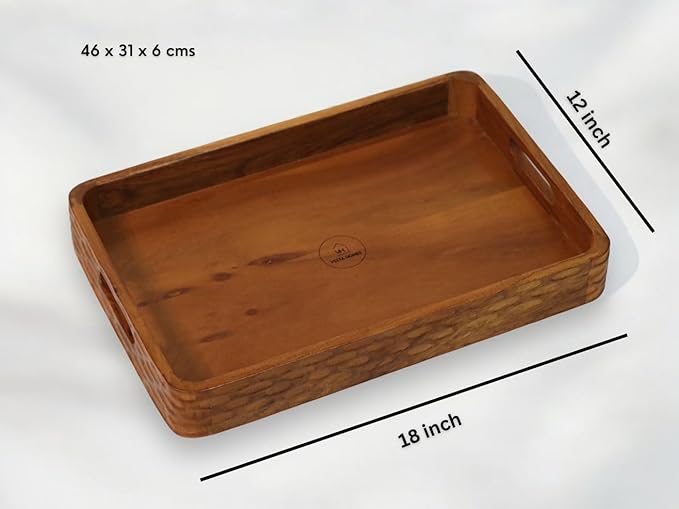 Vesta Homes Acacia Wood Serving Tray for Home/Kitchen/Restaurant/Office Organizer/Dining Table | Premium Serving Trays | 18 x 12 x 2.25 Inches | Handcarved in India