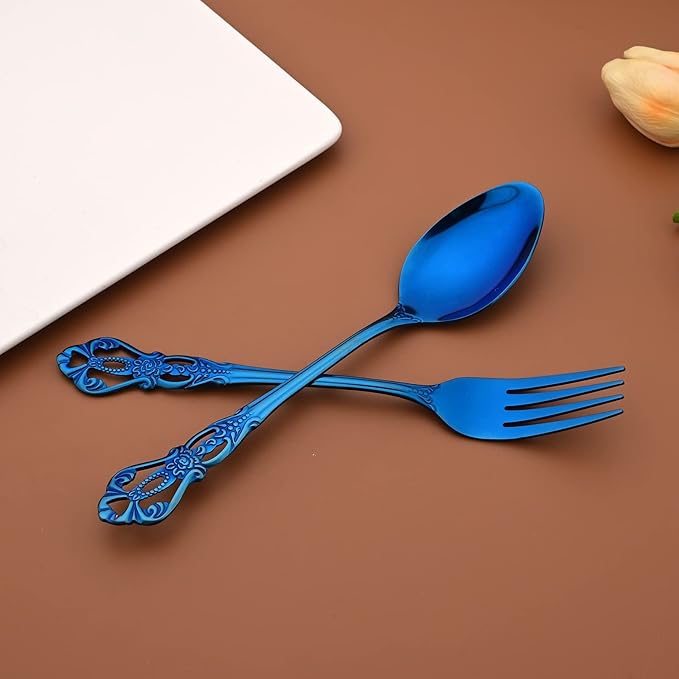 Elegant Blue Silverware Set with Steak Knives 5 Piece Flatware Sets for 1 Utensils, 18/10 Stainless Steel Black Gold Cutlery Set Include Knifes Forks Spoons, Mirror Polished Dishwasher Safe