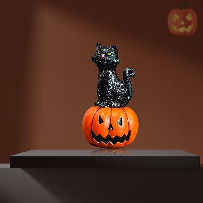 Halloween Decor Mini Resin Pumpkin Cat Figurine - Cute Desktop Decor for Home, Office, Mantle, Shelf Sitter Decorations Gift
