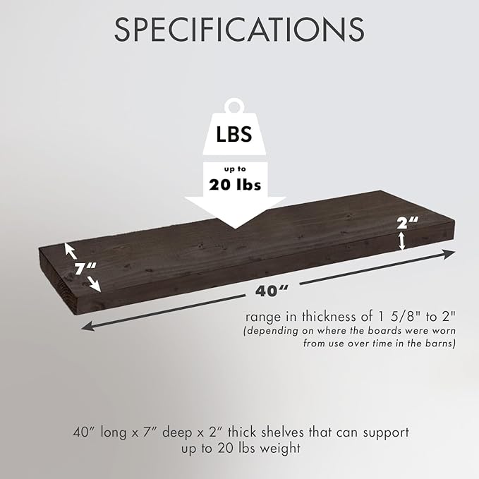 Urban Legacy Reclaimed Barnwood Planks | Floating Shelves for Wall w/Flush Mount Shelf Bracket Set Included | Set of 2 (Coffee Bean, 40"x7"x 2")