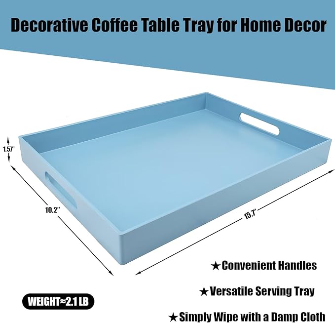 Blue Serving Tray for Coffee Table, Rectangular Plastic Decorative Tray with Handles for Entertaining, Outdoor Patio, Living Room, Ottoman, Bathroom Counter, 11.8”*15.7”*1.6”