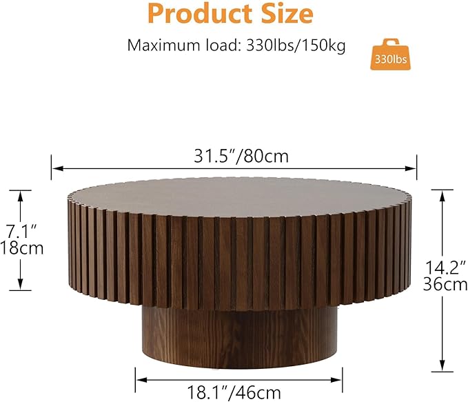 Modern Wood Round Coffee Table - Handcraft Drum Coffee Tables with Sturdy Base, Easy Assembly, Contemporary Style Small Coffee Table Tea Table for Living Room, Bedroom, Office (Brown Round)