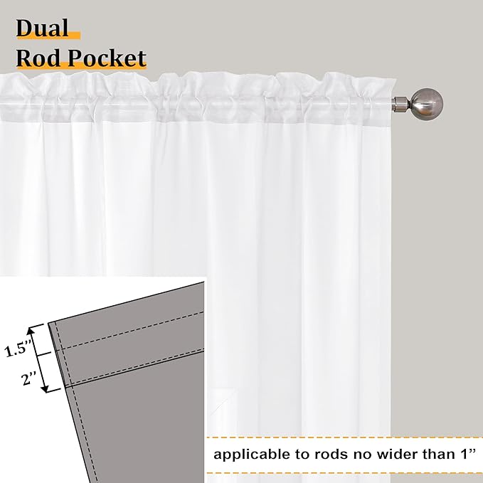 Aiyufeng Voile Sheer White Curtains - Transparent Light Weight Soft Window Treatment Curtain Panels with Rod Pocket Top for Patio Door/Living Room (W59 x L96, 2 Panels), White