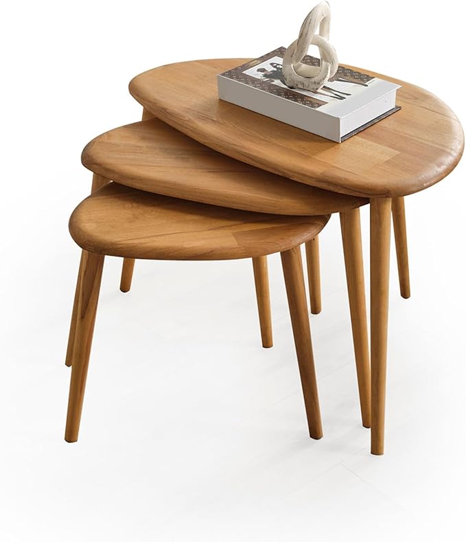 Solid Wood Nesting Coffee Table Set of 3 - Mid Century Modern Pebble Tables with Tapered Legs – Wooden Home Furniture in a Retro Style (Oak)