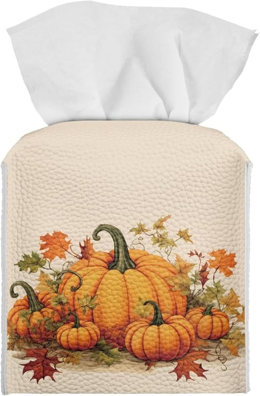 Pumpkin Maple Leaf Square Tissue Box Cover Thanksgiving Desk Decor for Home Office Car, Pu Leather Tissues Cube Boxes Holder Bedroom/Bathroom/Kitchen Facial Napkin Holder Storage