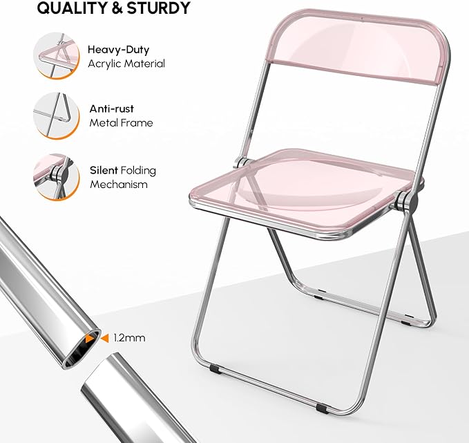 VINGLI Acrylic Folding Chairs 4 Pack, Clear Chair Foldable and Stackable, Plastic Panel & Metal Chrome Frame, Weight Capacity 350 lbs, Pink