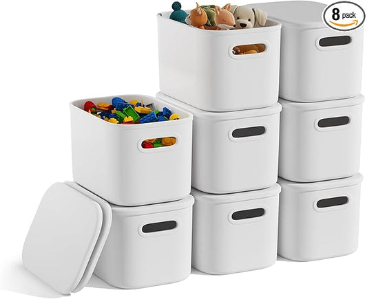 8 Pack White Storage Bins with Lids for Shelves, White Storage Containers with Lids for Organizing, Storage Box with Handle, Stackable White Plastic Bin for Classroom, Craft, Snacks