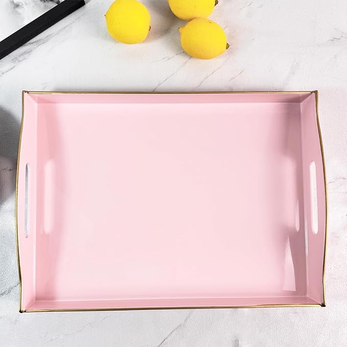 Pink Serving Tray with Handles, Plastic Decorative Tray for Coffee Table, Ottoman - Ideal for Living Room & Bathroom. 15” x 11” x 2.5”