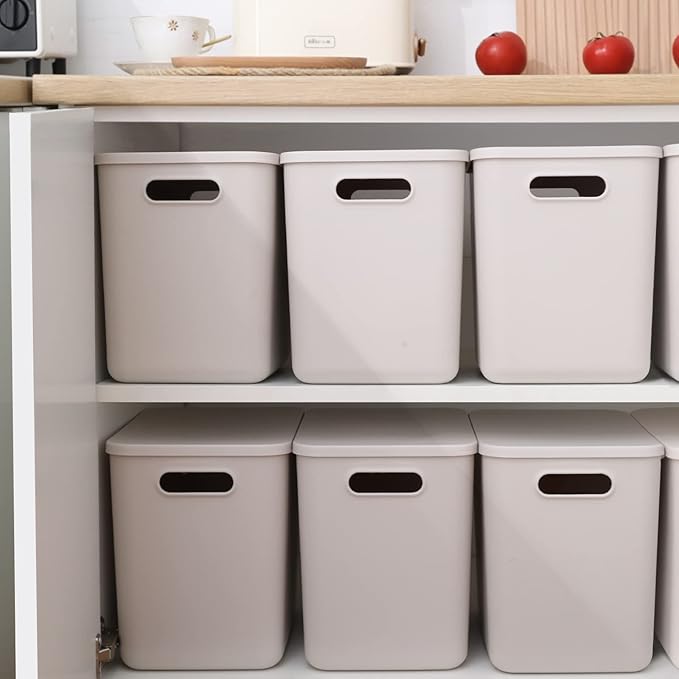 Plastic Storage Baskets With Lid Organizing Container Lidded Knit Storage Organizer Bins for Shelves Drawers Desktop Closet Playroom Classroom Office (4L, Light grey)