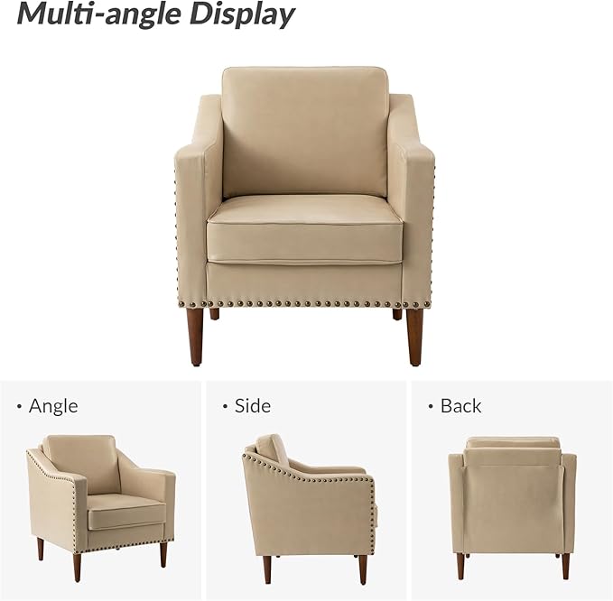 HULALA HOME Faux Leather Accent Armchairs Set of 2 with Back & Seat Cushions, Traditional Club Chairs with Nailhead Trim, Comfy Upholstered Sofa Chairs for Living Room Bedroom, Beige