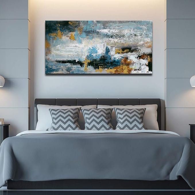 Abstract Wall Art Large Canvas Picture Modern Blue Grey Brown Artwork on Canvas Prints Wall Decoration for Living Room Bedroom Bathroom Kitchen Office Home Wall Decor Framed Ready to Hang 29" x 58"