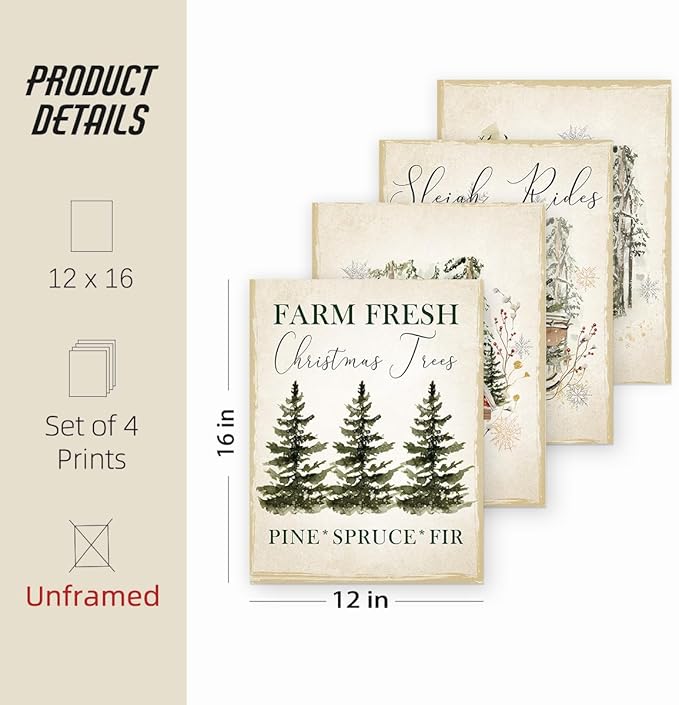 ETVISO Vintage Christmas Wall Art Prints Set of 4, Retro Christmas Trees Poster, Winter Holidays Gift Print Decor for Gallery, Living Room, Bathroom, 12x16 (Unframed)