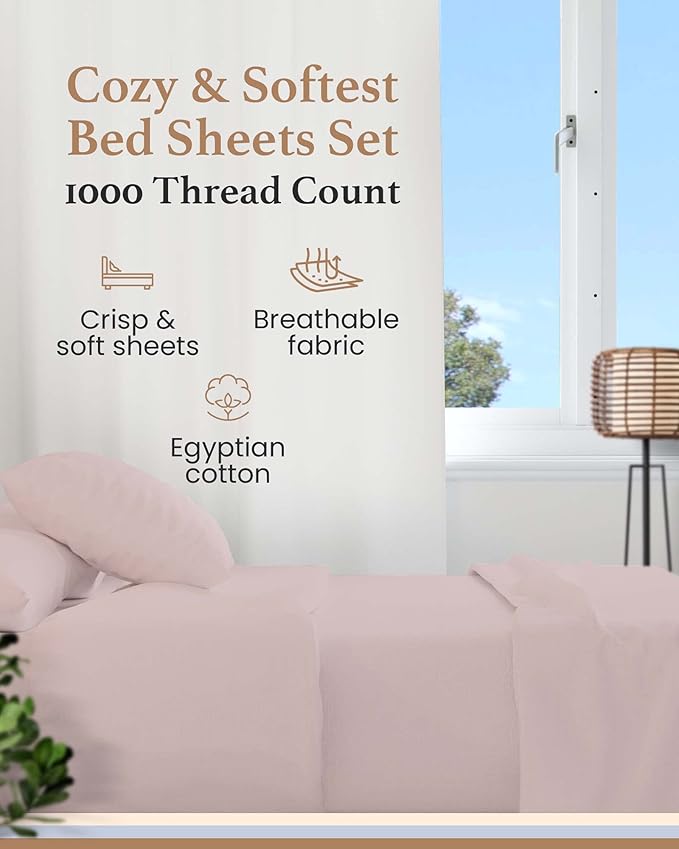 GOOD SLEEP BEDDING King Size Sheets Set - 4 Pc, 100% Egyptian Cotton Sheets, 1000 Threadcount 16" Deep Pocket King Sheets, Soft & Breathable, Hotel Style King Sheet Set with Pillow Covers - Blush Pink