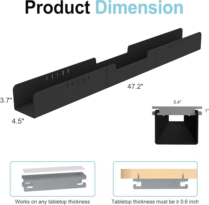 47.2" No Drill Under Desk Cable Management Tray, Felt Cable Organizer for Table, Adhesive/Screw Mount Cord Management Tray, Wire Organizer for Office Desk, Home Workspace