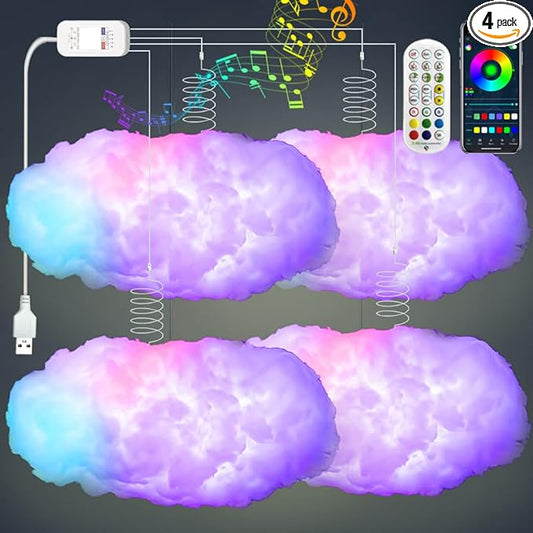 4PCS 3D Big Cloud lightning Light Kit Music Sync Warm Multicolor lightning Changing Strip Lights 360 Degree Wireless Remote APP NO DIY Coolest Decorations for Adults and Kids Indoor Home Bedroom