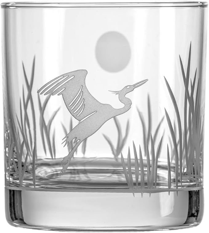 Rolf Glass Heron On the Rocks Glass | Set of 2 Etched 11oz Whiskey Glasses | Made in America | Coastal Bird Design | Diamond-Wheel Engraved and Sand Etched
