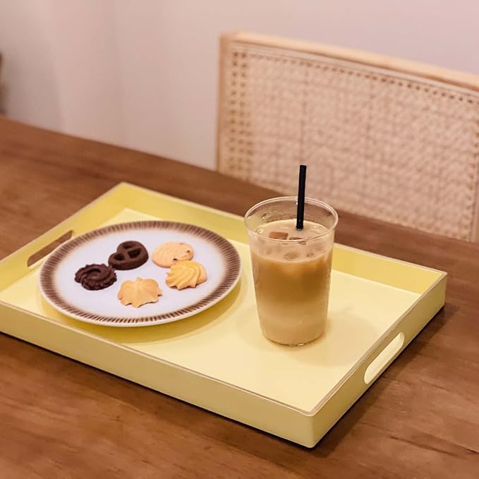 Zosenley Decorative Tray, Rectangular Plastic Tray with Handles, Modern Vanity Tray and Serving Tray for Bathroom, Kitchen, Ottoman and Coffee Table, 15.6" x 10.2"(Light Yellow)