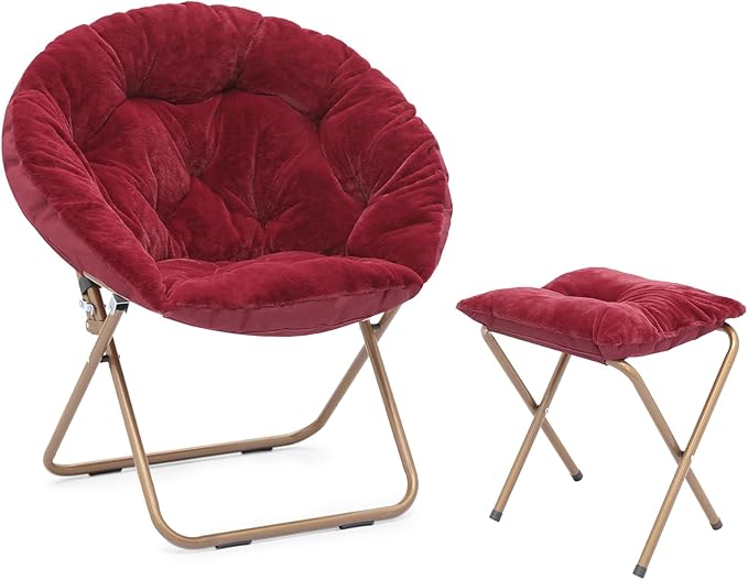 Athena Collection Saucer Chair with Ottoman Comfy Chair for Bed Room Living Room Folding Round Cozy Chair Faux Fur Metal Frame Foldable Lazy Chair Accent Chair Reading Chair, Red, Burgundy