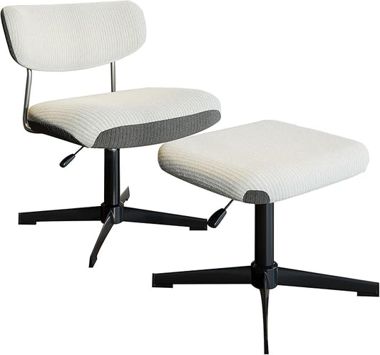 Swivel Criss Cross Chair, Accent Chair with Ottoman Set, Modern Armless Comfy Chair with Ergonomic Backrest, Corduroy Upholstered Seat, No Wheels, White & Grey