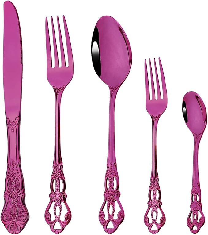 Elegant Purple Silverware Set with Steak Knives 5 Piece Flatware Sets for 1 Utensils, 18/10 Stainless Steel Black Cutlery Set Include Knifes Forks Spoons, Mirror Polished Dishwasher Safe