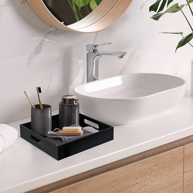 Home Decorative Coffee Table Tray, 10"x10" Elegant Acrylic Serving Trays with Handles Works for Eating, Breakfast, Makeup Drawer Organizer,Bathroom Vanity Table,Ottoman Tray, Black