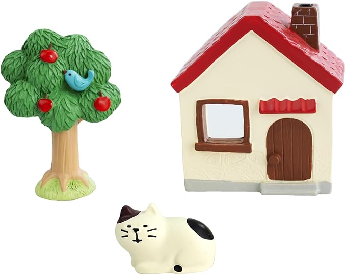 Mini Cat Cottage Decor Set - Resin House with Apple Tree and Kitten Figurine, Cute Desk Ornaments for Home Office Shelf Decor, Unique Gift for Cat Lovers
