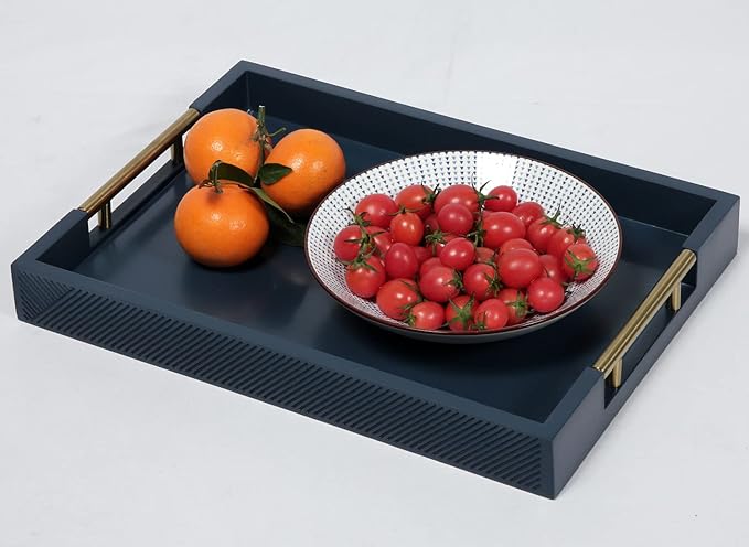 Serving Tray with Polished Metal Handles, 16.5''x12'' Rectangle Coffee Table Tray, Modern Decorative Tray, Large Ottoman Tray, Perfect for Storage and Display (Blue)
