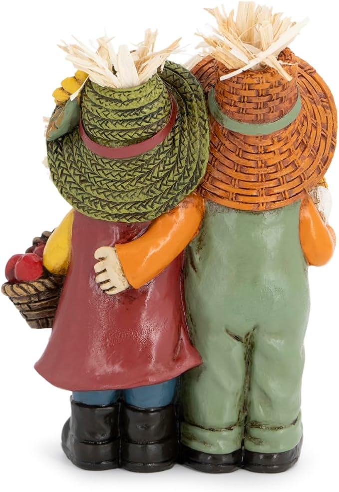 Hodao Fall Scarecrow Family Figurine with Pumpkin, Corn and Apple Basket, Hand-Painted Resin, Autumn Harvest and Thanksgiving Home Decor and Gift for Tiered Tray, Mantel, Tabletop, Windowsill