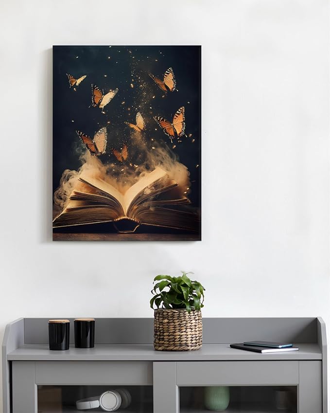 Aesthetic Book Butterflies Wall Art Decor Vintage Dark Academia Canvas Print Poster Framed Picture Painting for Home Reading Corner Library Decor 11x15 Inch, Gifts for Book Lovers Bookworms