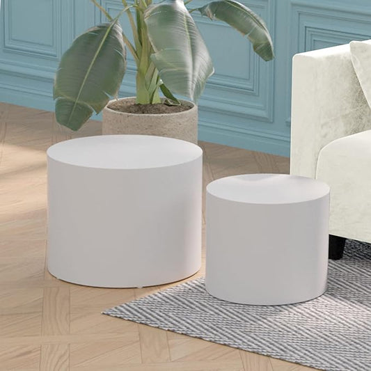 18.9”Round Nesting Coffee Table Set of 2,Wooden Circle Coffee and End Tables,Durable Accent Furniture,Modern Space-Saving Design for Small Living Room,Offices,No Assembling Needed,Matt White