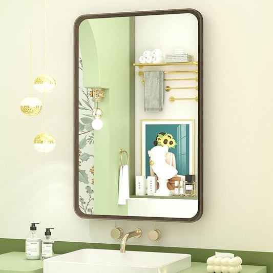 OKPAL 16x24 Bronze Bathroom Mirror, Rounded Rectangle Bronze Frame Mirror, Brushed Bronze Bathroom Vanity Mirror Wall-Mounted, Anti-Rust, Hangs Horizontally or Vertically
