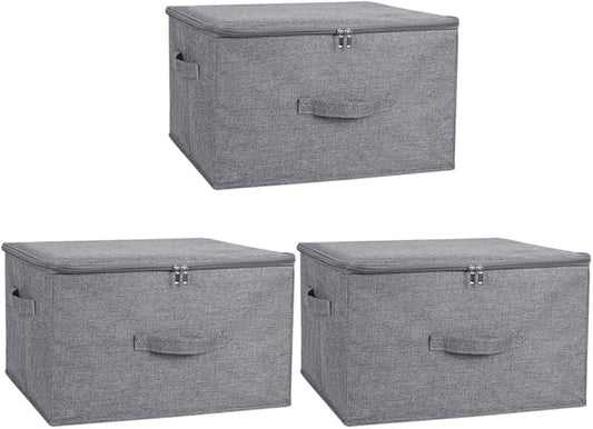 ANMINY 3PCS Storage Bins with Zipper Lids 51.9 Qt Lidded Fabric Storage Boxes Baskets Cubes with Handles Collapsible Washable Cotton Linen Closet Shelf Clothes Organizer - Gray, Extra Large