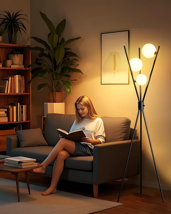 Lightdot 60IN Dimmable Black Tripod Floor Lamp, Mid Century Standing Lamps with 3 Globe Soft Warm White Eye Care 3000K Bulbs Included, Modern Tall Lamp for Living Room Bedroom