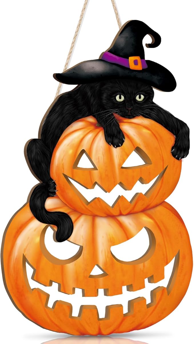 HPNIUB Black Cat Halloween Plaque, Cute & Scary Wooden Sign for Front Door Decor - 9.4x15.3 Inch