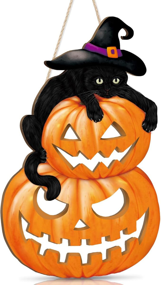 HPNIUB Black Cat Halloween Plaque, Cute & Scary Wooden Sign for Front Door Decor - 9.4x15.3 Inch