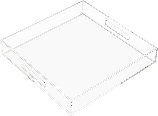 Clear Acrylic Serving Tray with Handles-Butler Trays for Coffee Table, Snacks,Breakfast in Bed, Kitchen Countertop,Vanity,Makeup Organizer,Ottoman (Clear, 12x12 Inches)