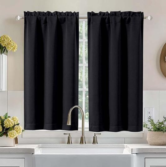 Aiyufeng Halloween Black Short Blackout Curtains for Bedroom 45 Inches Long 2 Panels Set, Solid Thermal Insulated, Energy Saving Window Treatment Curtains Blackout Drapes, W40 x L45 Inch, Black