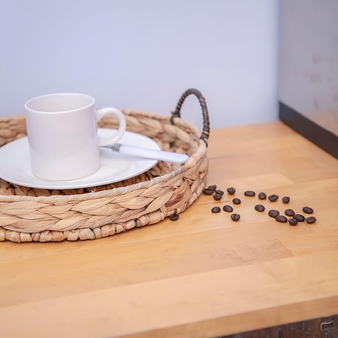 Water Hyacinth Round Tray Natural Coffee Table Tray with Handles Ottoman Table Trays for Coffee, Breakfast and Dinner, 11.8-inch,Decoratve Serving Trays.