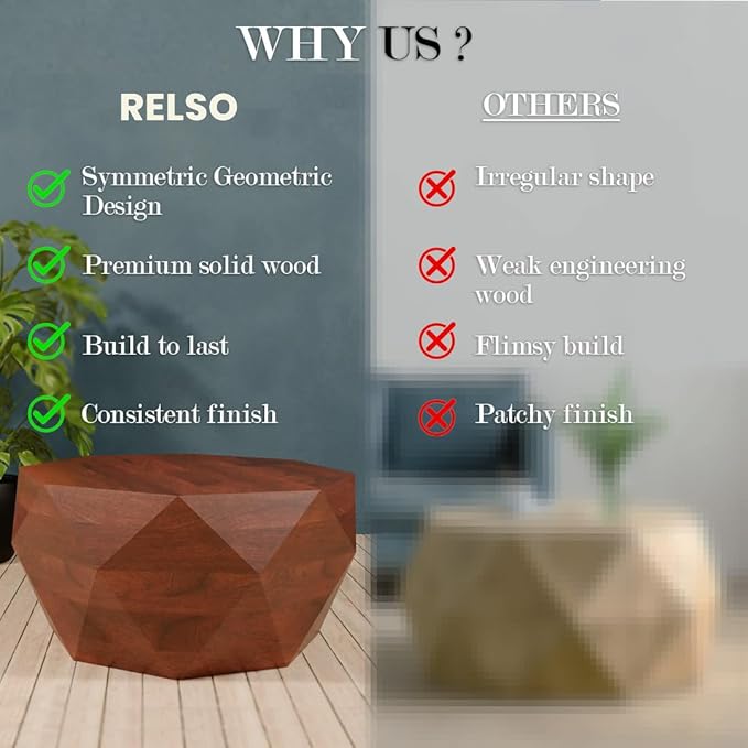Relso Solid Wood Geometric Faceted Coffee Tables Living Room, Crafted for Versatile Use | Drum Round Shaped | for Living Rooms | Wooden Drum Coffee Table Octavian Table