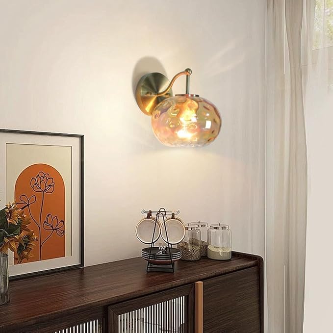 Gold Wall Sconce Light Amber Hammered Glass Vanity Lighting Brushed Brass Champagne Wall Lamp for Bathroom Over Mirror