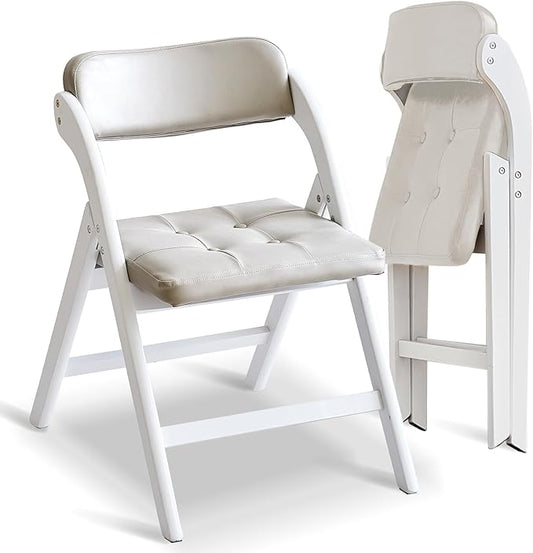 Wood Folding Chairs with Padded Seats, Wooden Folding Chairs Set of 2, Foldable Dining Chair with Cushion, Stackable Extra Chair for Indoor Outside Events, Party, Wedding (White Gray)