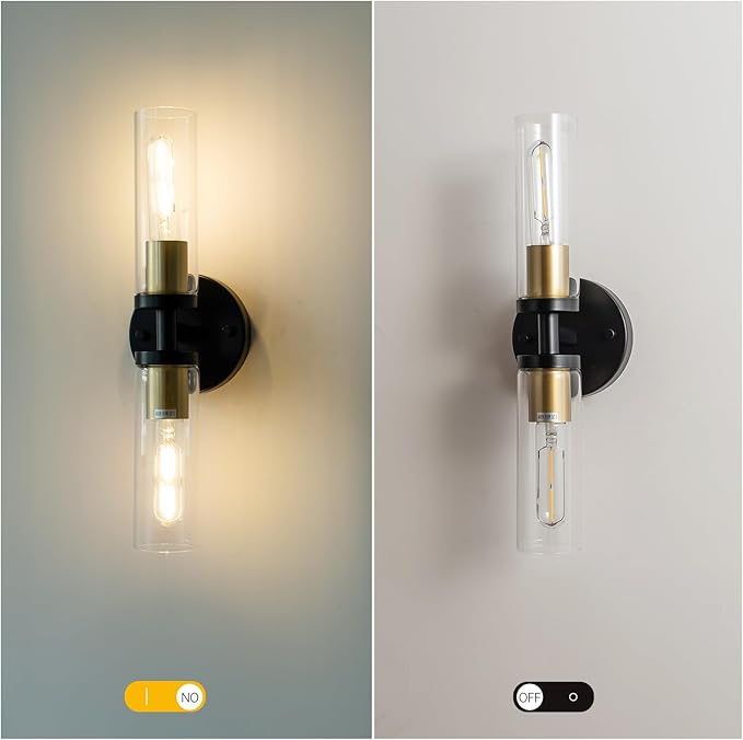 KSRYSZCQ Wall Sconces Set of 2 Black and Gold Bathroom Sconce Modern Vanity Light Fixture with Clear Glass Sconces Wall Decor Set of 2 for Living Room Mirror Bedroom Hallway Stair