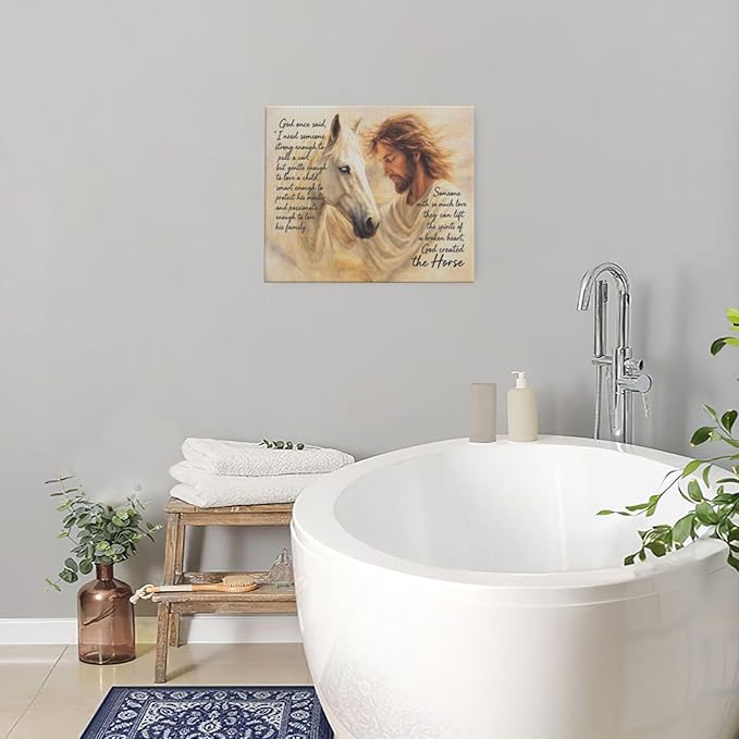 Horse Wall Art Christian Jesus Canvas Wall Decor Scripture Pictures Christ Paintings Prints Religious Bible verse Artwork Framed Decorations For Church Prayer Room Bathroom Bedroom Living Room Gifts 24" x 20"