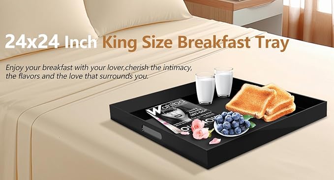 King Size Acrylic Tray with Embedded Handle,No Need to Assemble-for Bed,Ottoman,Coffee Table, Breakfast, Tea, Food, Butler - Decorative Tray (24x24 Inch, Black)
