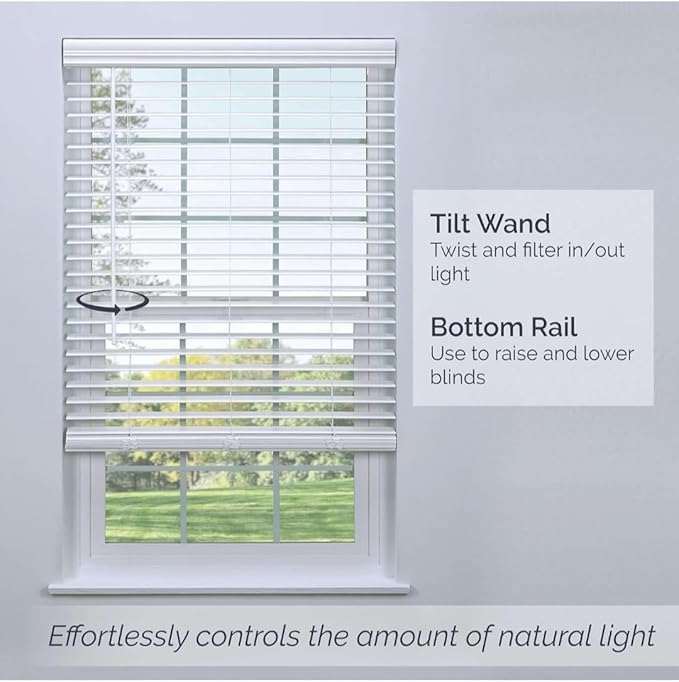Blinds House Solution, Customizable Faux Wood Horizontal Cordless Window Blinds - 2 Inch Slats - White, Outside or Inside Mount, Cordless Faux Wood Blinds-Custom Window Blinds