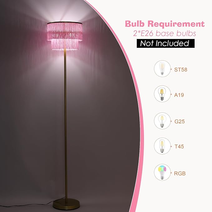2 Light Gold & Pink Boho Floor Lamp with 2-Tier Tassels/Fringe Lampshade,66" Tall Mid Century Standing Bedroom Lamp,Soft Lighting Nursery Floor Lamp for Bedroom Livingroom