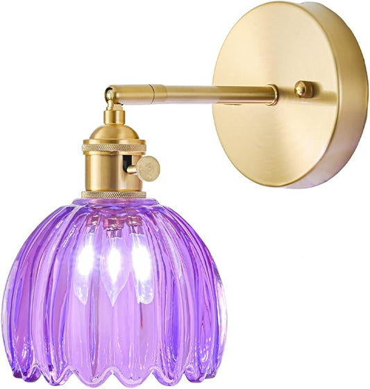 Hardwired Wall Sconce Light, Vintage Wall Sconce with Switch, Gold Wall Light Fixture with Tulip Purple Glass Lampshade, Indoor Wall Light for Bedroom Bathroom, Bedside Wall Lamp