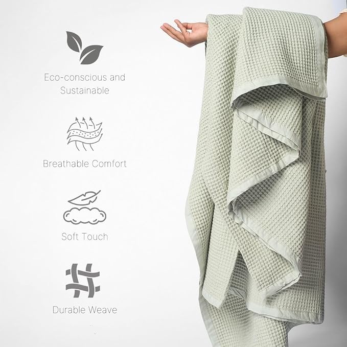 GOTS Certified Organic Cotton Waffle Weave Blanket, Throw Bed Size, 50"X60"Cozy Throw Blanket for Couch, Modern Home Decor, Throw Blankets,Comfy Waffle Blanket Soft Bed Blankets -Sea Foam