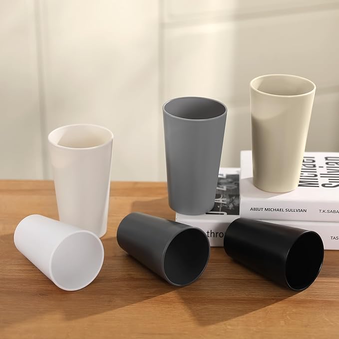 24 Pcs Unbreakable Plastic Cups Set, 12 Pcs 14 oz and 12 Pcs 20 oz Reusable Plastic Cups, Stackable Water Tumblers, Drinking Cup for Kitchen, BPA-free, Dishwasher and Microwave Safe, 6 Colors